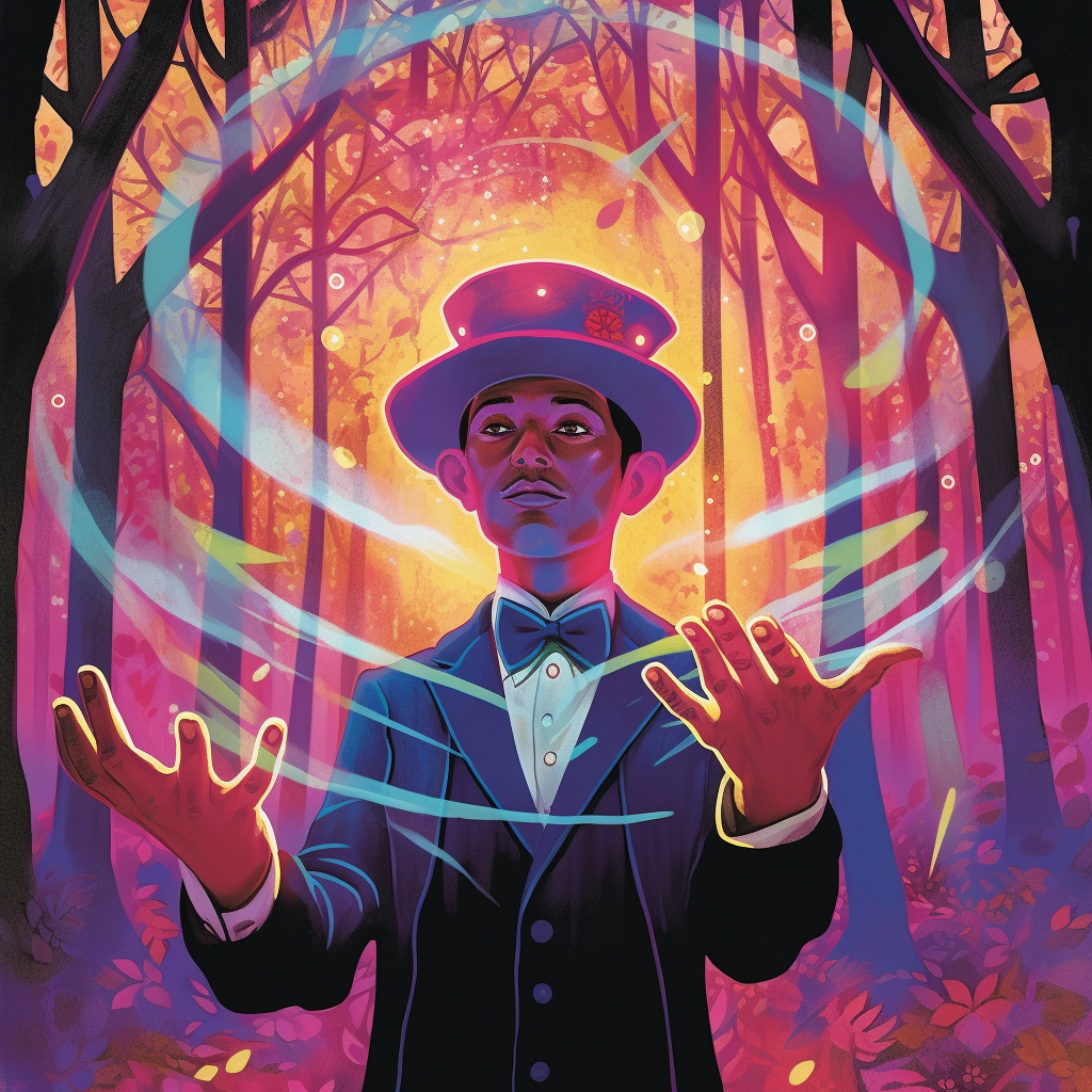 An androgynous businessperson wearing a colorful wizard cap while casting a time-warping spell between two hands. The setting is in front of a bioluminescent forest. Illustrated by The New Yorker.